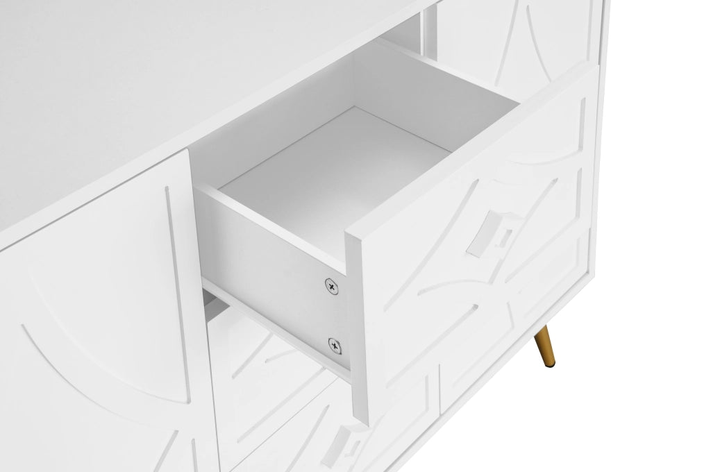 Cassettiera con Ante ¨C MINIMAL ¨C Bianco, Metallo Dorato, 3 Cassetti 2 Ante, 120x40x80, Design Moderno