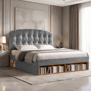 Letto imbottito 140x200 cm grigio con cassetti e rete a doghe