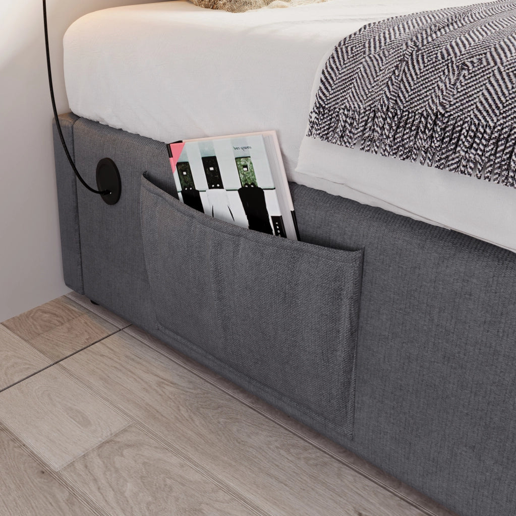 Letto contenitore 90x200 cm senza testiera con USB e USB-C in cotone e lino grigio