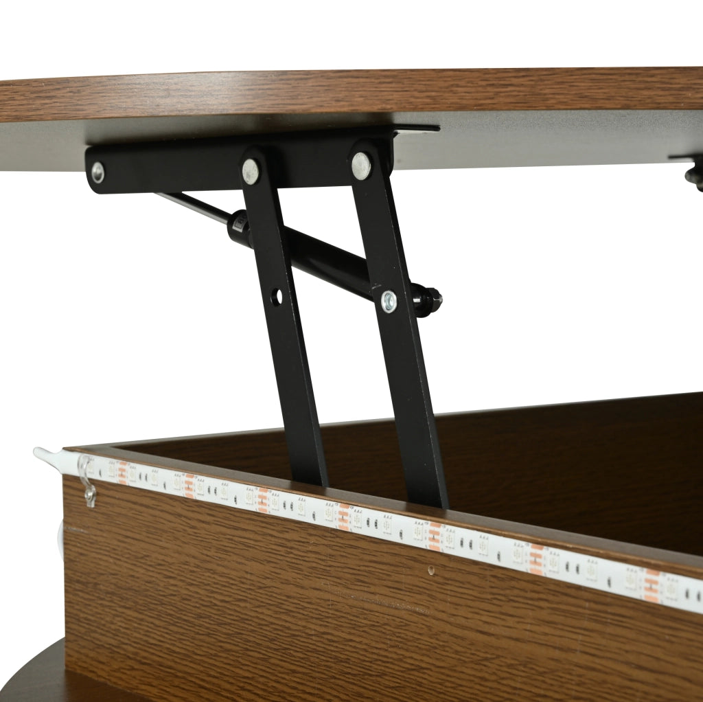 Tavolino da caffè rotondo 75 cm regolabile in altezza con LED e vano contenitore; colore noce