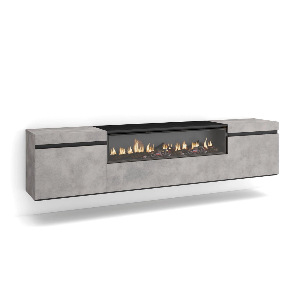 Mobile TV, 200x35x45cm, soggiorno, Per TV fino a 80", Camino elettrico, da appendere, grigio cemento RF2225