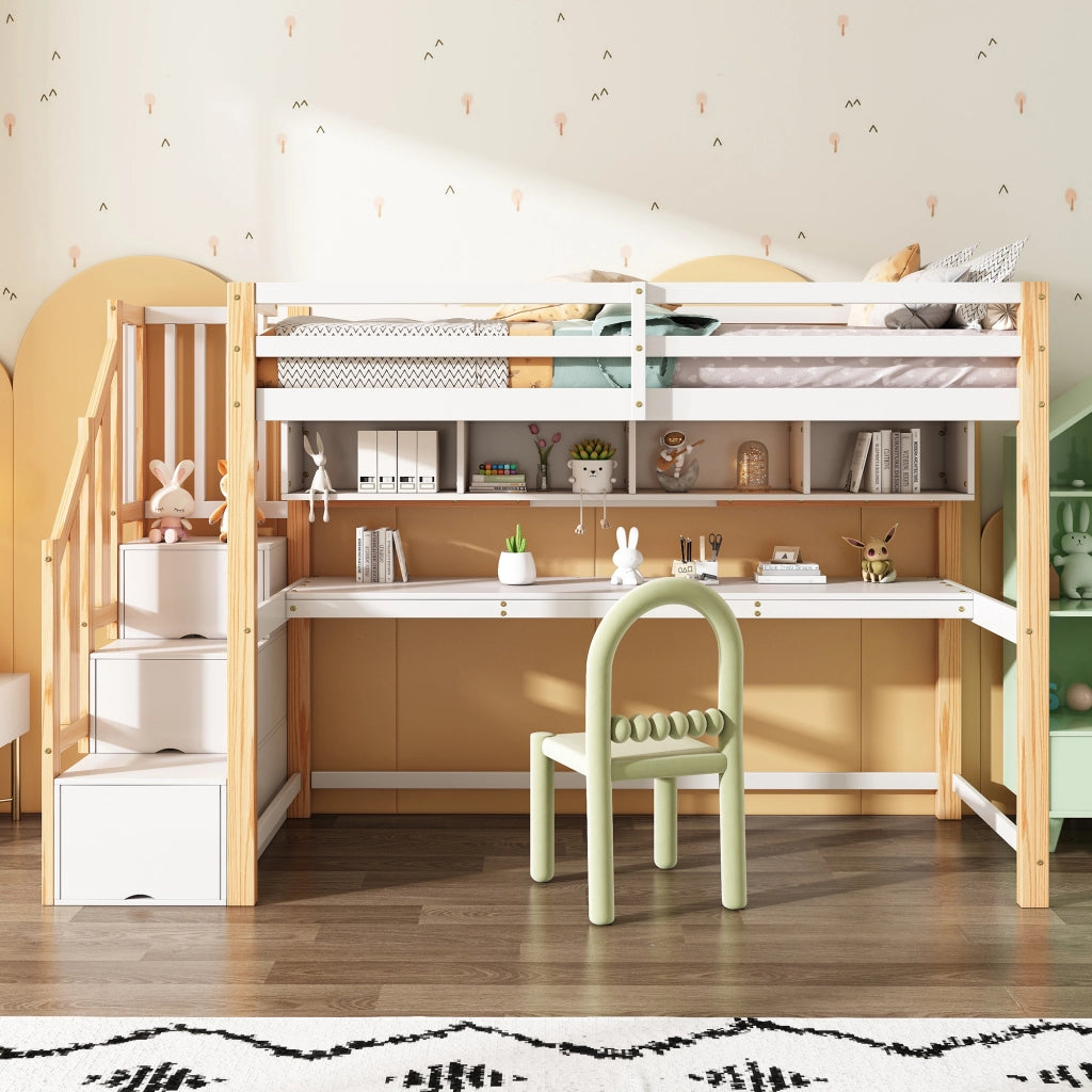OKWISH Letto a Soppalco 90×200 cm, Letto Singolo con Scala Contenitore, Scrivania e Mensole, senza Materasso, in Legno, Bianco e Rovere