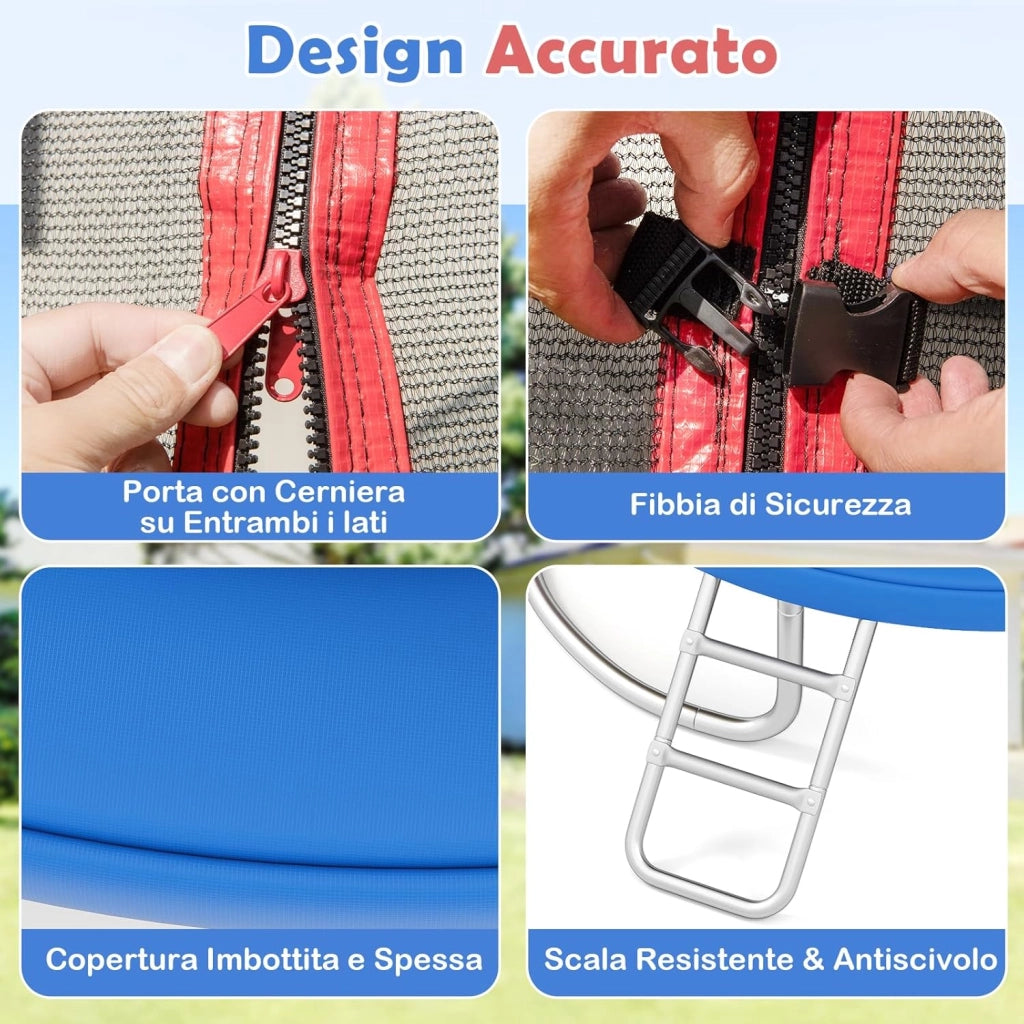 Trampolino Elastico per Bambini e Adulti 244 cm/305 cm/366 cm, Tappeto Elastico da Esterno con Rete di Sicurezza, Scala e Telaio in Acciaio Zincato Antiruggine