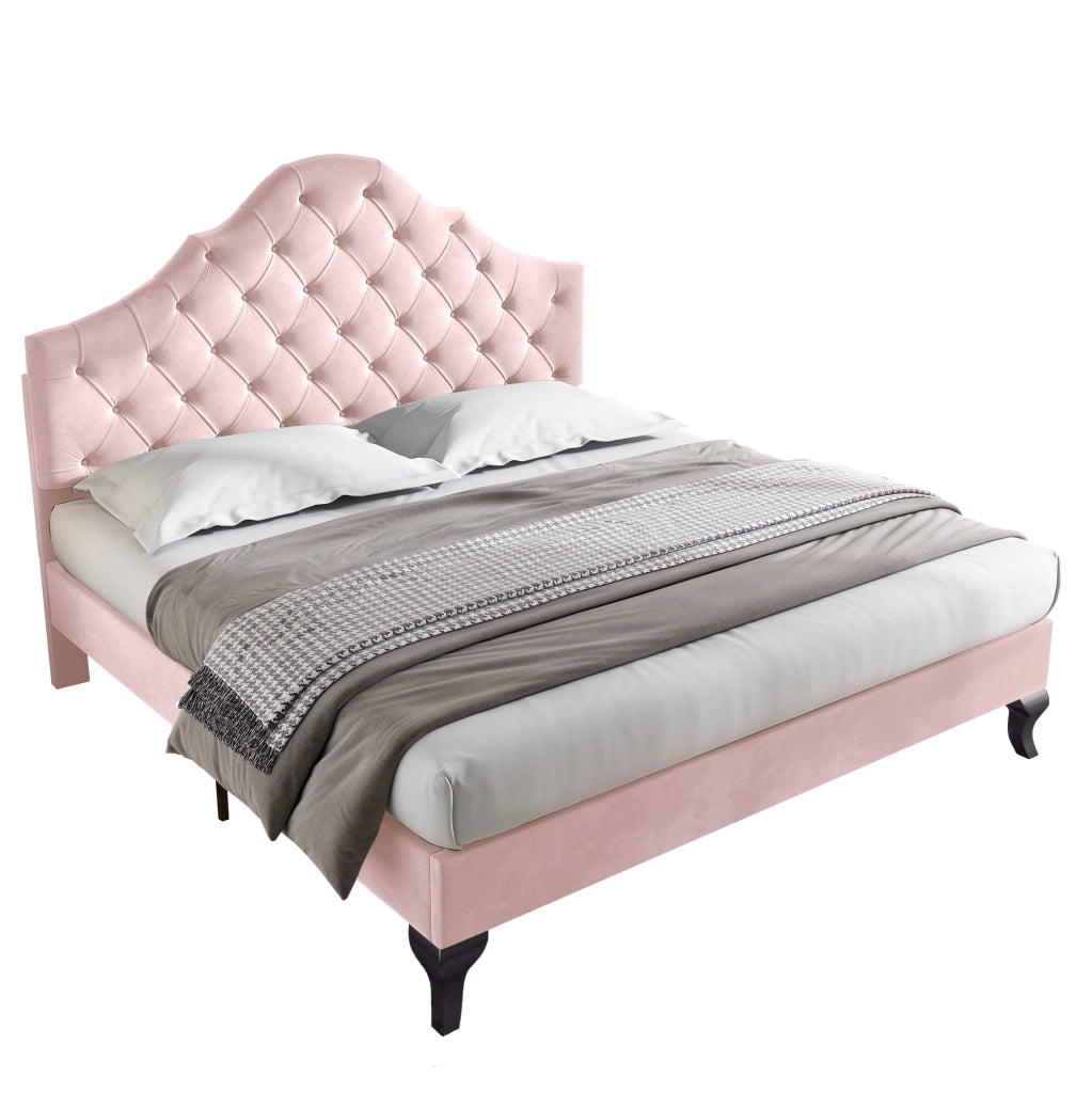 Letto imbottito 140x200 cm con rete a doghe e testiera regolabile in velluto rosa