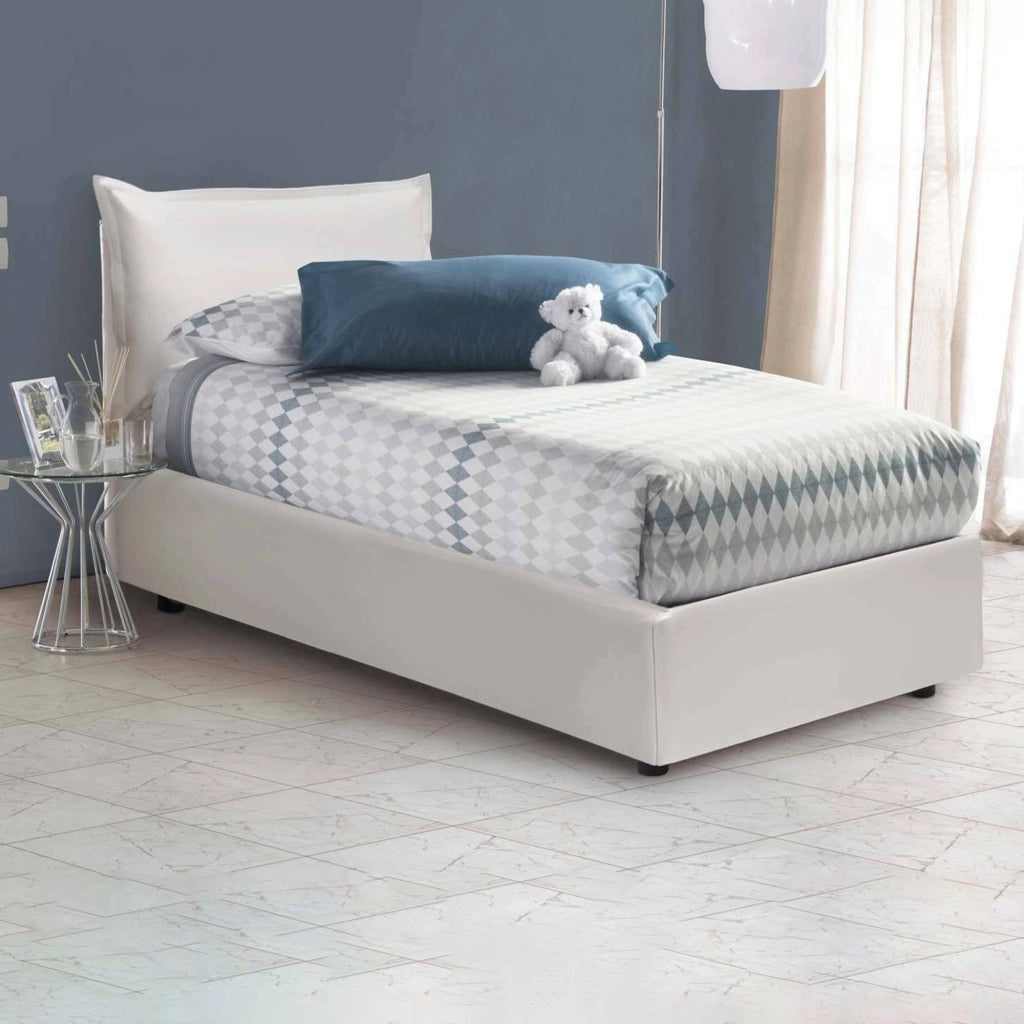 Letto singolo Anathema, Letto contenitore con rivestimento in ecopelle, Made in Italy, Apertura laterale, adatto per materasso cm 80x190, Bianco