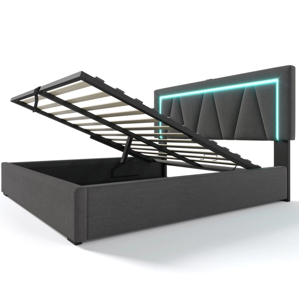 Letto matrimoniale 140x200 cm con contenitore; testiera regolabile; LED e USB Type C; lino grigio