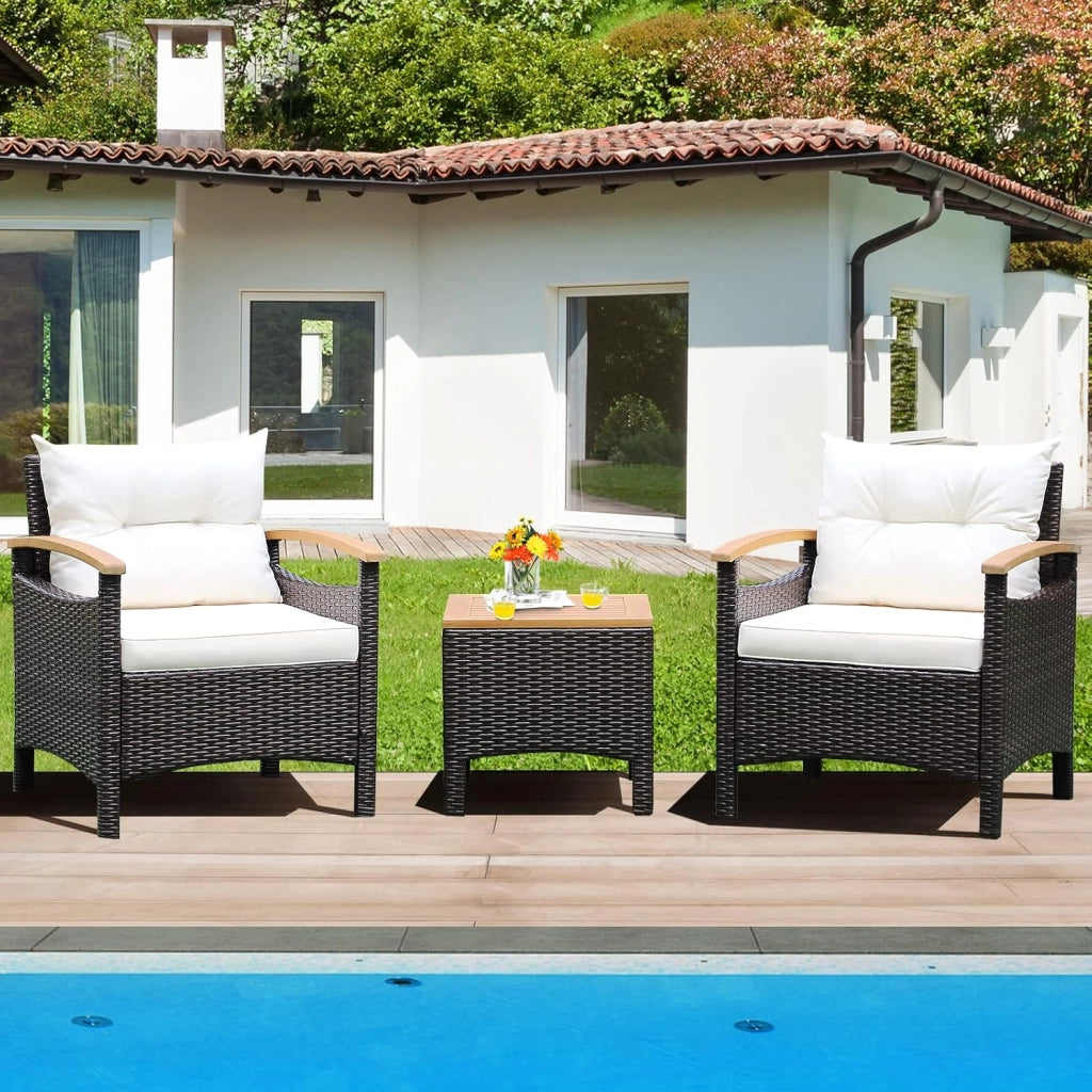 Set di 3 Pezzi di Mobili da Patio, 1 Tavolino e 2 Sedie, con Cuscino Rimovibile, Set di Divani in Rattan per Cortile Piscina Balcone e Patio