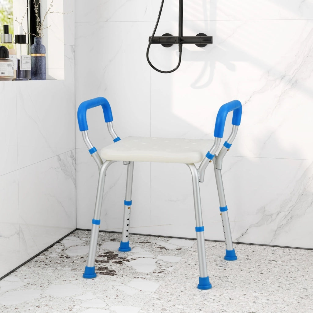 Sedile doccia con braccioli imbottiti staccabili e piedini in gomma antiscivolo, Sedia doccia 6 altezze regolabili Blu-Sedie per doccia