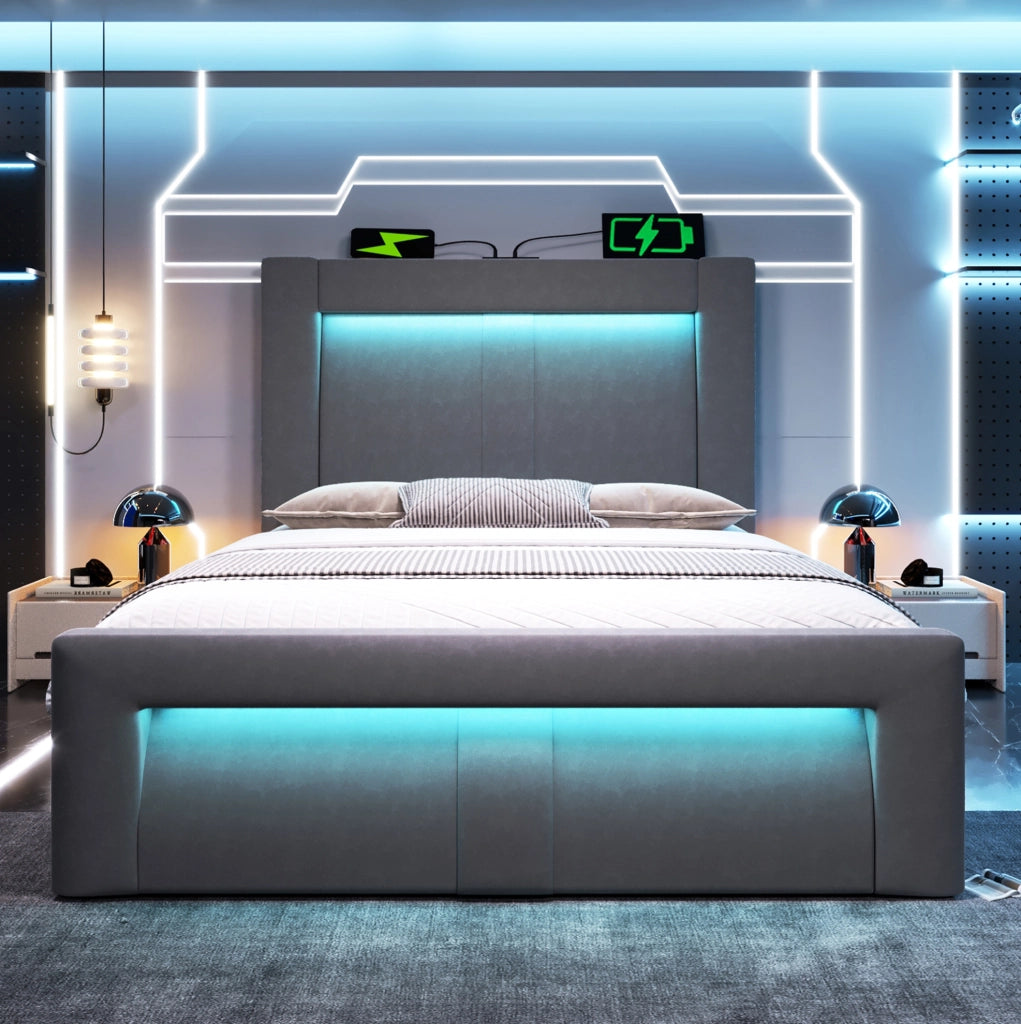 Letto singolo 90x200 cm con contenitore; LED; porte USB e USB C; velluto grigio