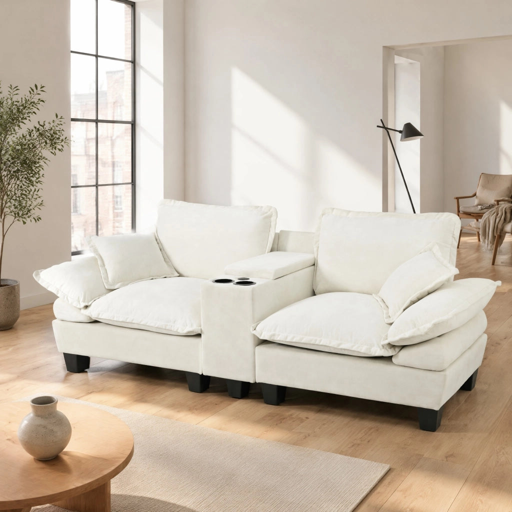 Divano con braccioli rimovibili, porta USB, vani portaoggetti e portabicchieri in chenille beige 224 × 82 × 90 cm