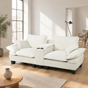 Divano con braccioli rimovibili, porta USB, vani portaoggetti e portabicchieri in chenille beige 224 × 82 × 90 cm