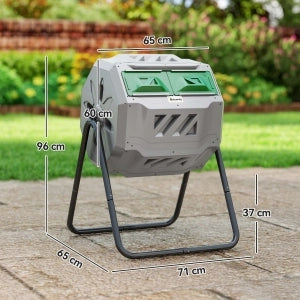 Compostatore a tamburo 160 L con 2 camere, rotazione 360°, struttura in acciaio, grigio