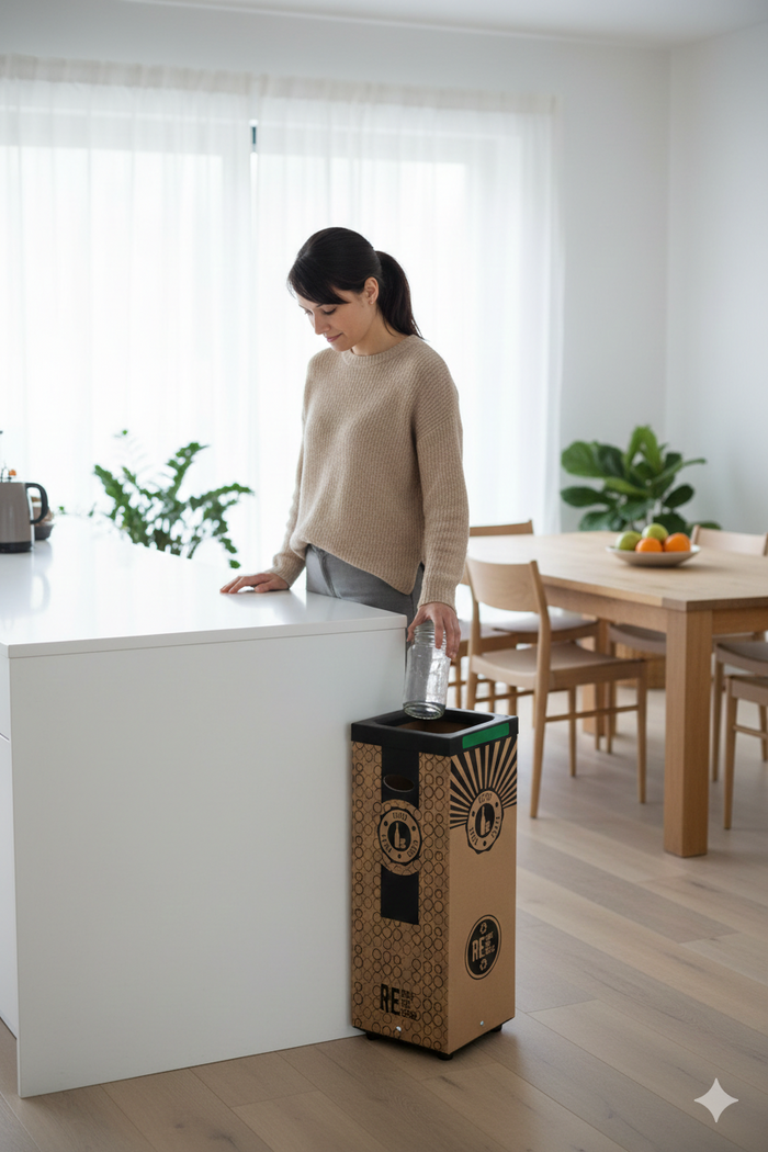 Pattumiera Per Raccolta Rifiuti 28x28xh70 cm in Cartone Con Stampa Grafica Vetro Beige