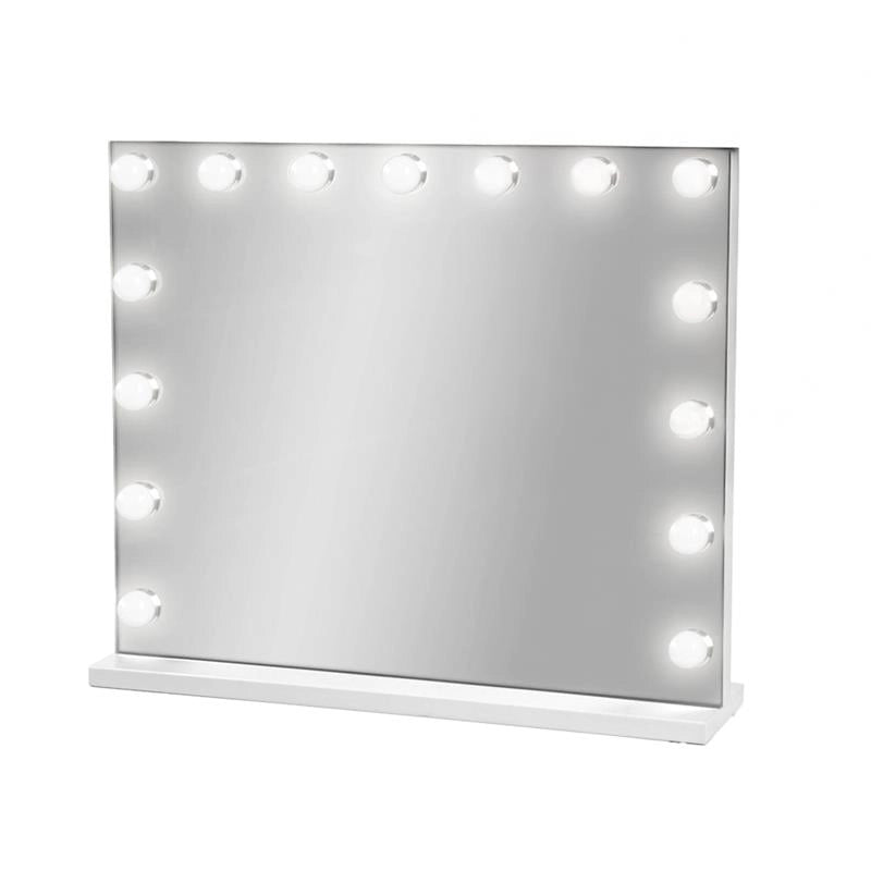 SPECCHIO RETTANGOLARE HOLLYWOOD DA TAVOLO E PARETE CON 15 LED CON 3 LUCI REGOLABILI, ACCENSIONE TOUCH CON SPINA PRESA USB DIMENSIONE 60X50 CM