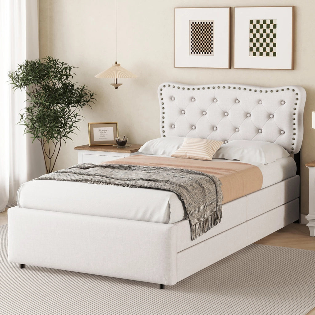 Letto imbottito 90x200 cm con 2 cassetti, beige chiaro