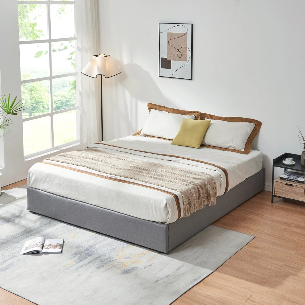 Letto Matrimoniale Contenitore Nola 180x200 cm con Materasso Apertura a Ribalta Rivestito in Tessuto Lino - Grigio [en.casa]