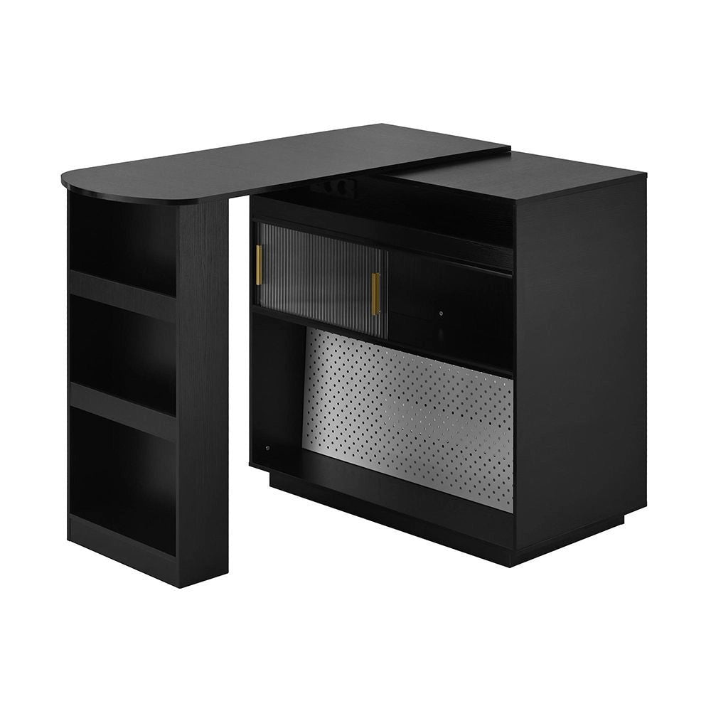 Tavolo bar estensibile girevole 360¡ã - Xylo - LED, spazio di archiviazione, buffet reversibile con pannello forato e prese elettriche, nero