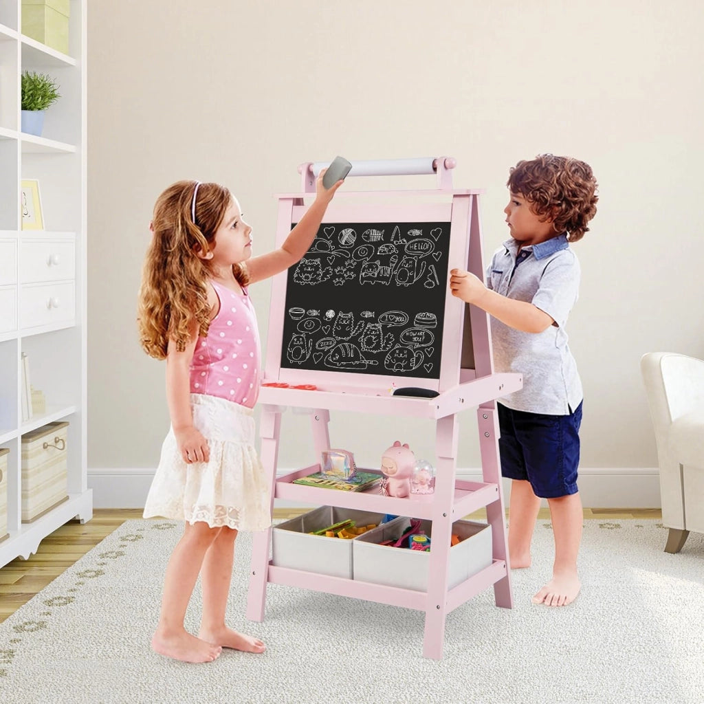 3 in 1 Cavalletto per Bambini con Doppia Faccia, Cavalletto per Disegno con 2 Vassoi e 2 Scatole, Lavagna Bambini in Legno (Rosa)