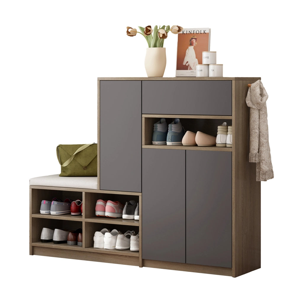 Panca portascarpe e armadio scarpe multifunzione con seduta imbottita e ripiani regolabili, grigio, 140/35/110 cm