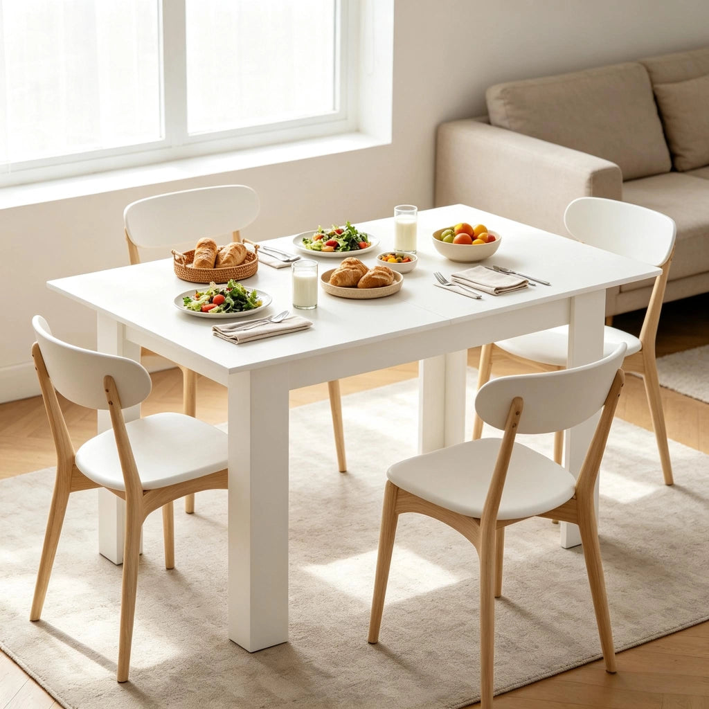 Tavolo da pranzo allungabile per 6-8 persone con piano in MDF e guide in acciaio, per cucina e sala da pranzo, bianco