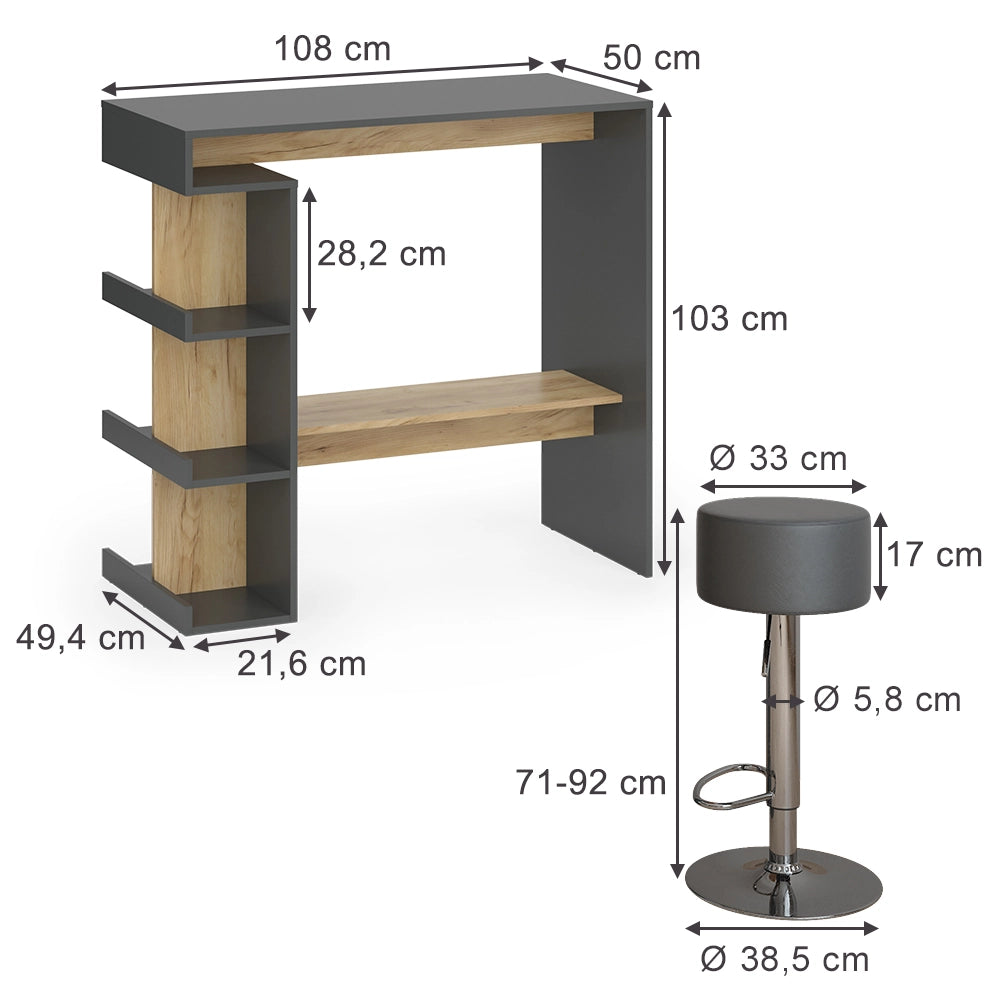Vicco tavolo bar con sgabelli Antracite/quercia dorata 108 x 50 cm con 2 sgabelli da bar
