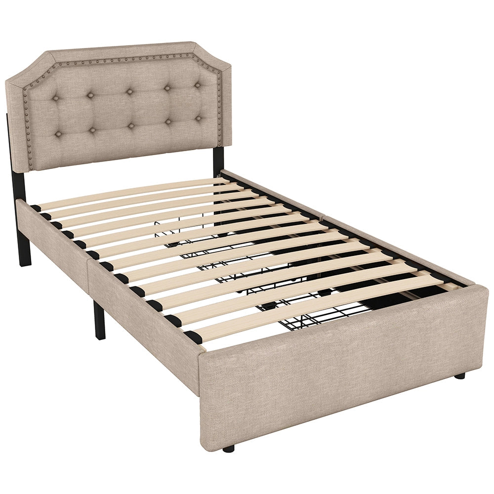 Letto singolo imbottito con 2 cassetti - Xylo - 90x200 cm - Beige scuro - Rivetti decorativi