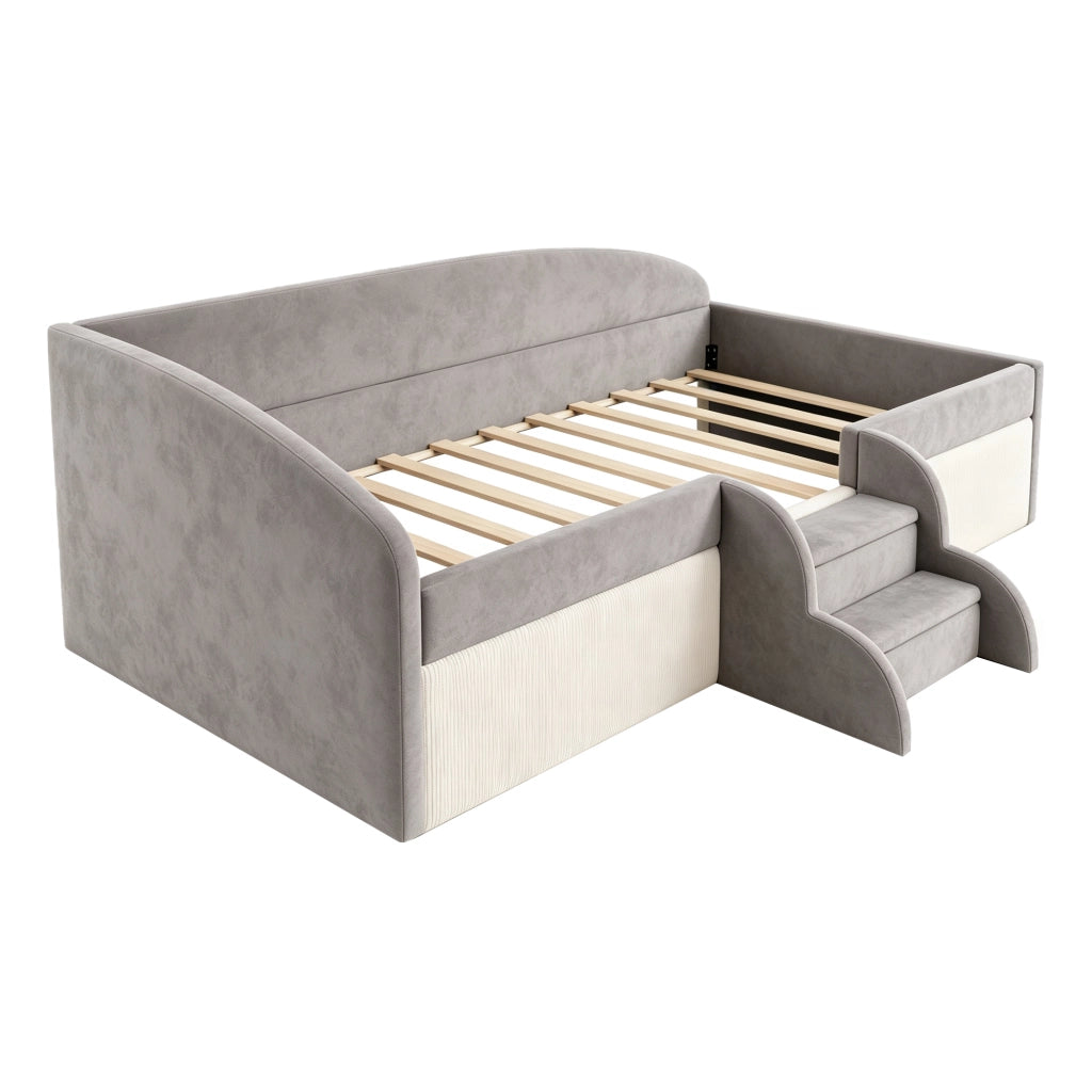 Letto per bambini 90x190 cm imbottito con scaletta e sponde; velluto grigio