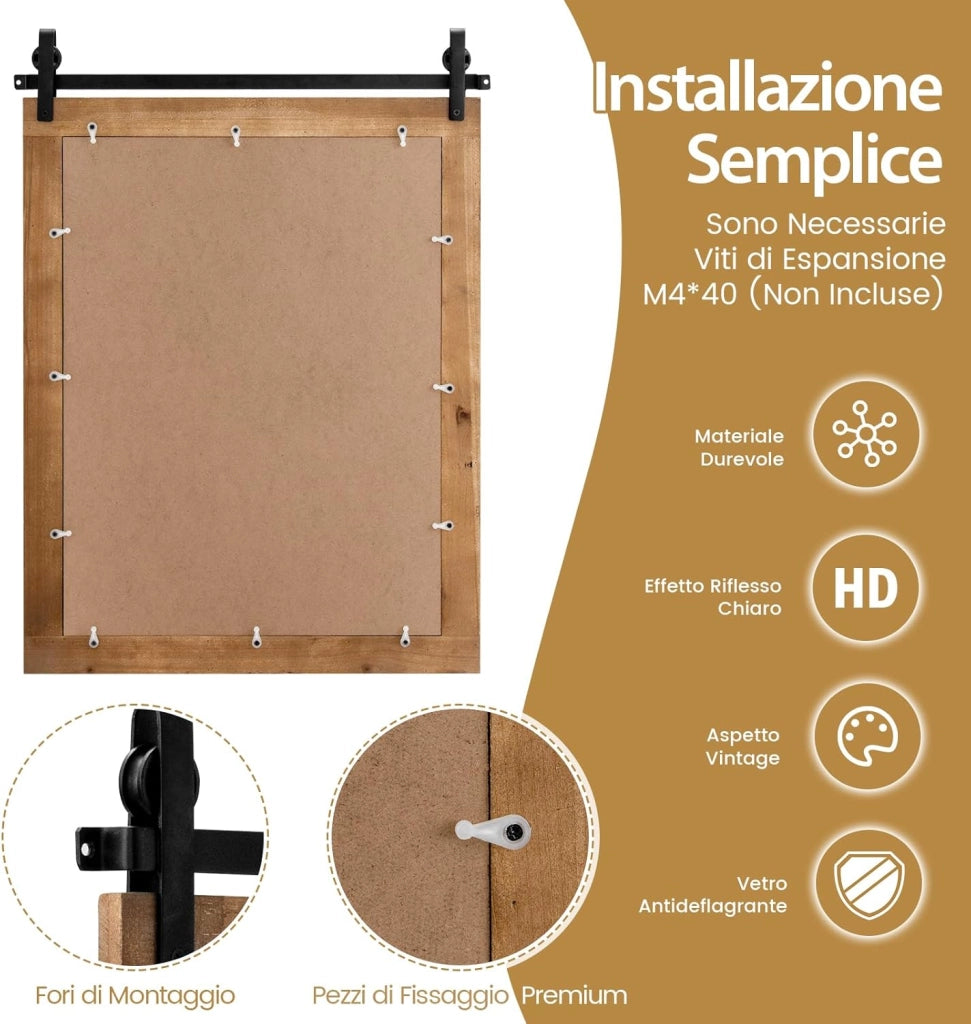 Specchio da Parete 76,5 x 56 cm, Specchio Rettangolare con Cornice in Legno e Staffa in Metallo, Specchio da Bagno Corridoio Soggiorno, Bianco (Marrone)