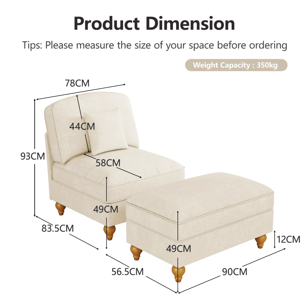 Poltrona Lounge con Pouf ¨C MINIMAL ¨C Tessuto Chenille Bianco, Gambe in Legno, Soggiorno