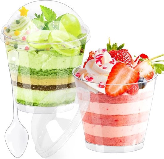 Set di coperchi dessert rotondi - 50 pezzi plastica - 180 ml set di coperchi dessert con coperchio e cucchiai - coperchi dessert riciclabili in plastica - set di dessert per DIY mousse pudding gelato.