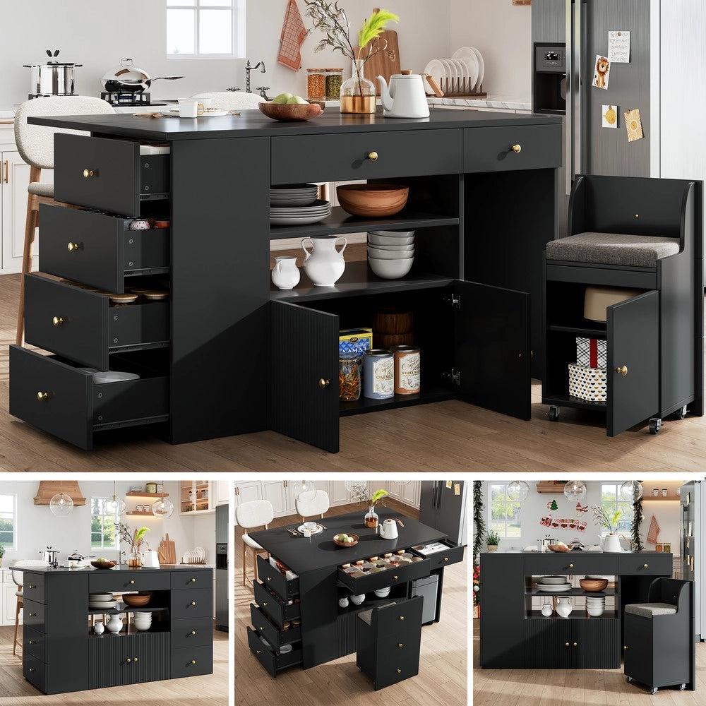 Isola Cucina con Sgabelli e Cassetti ¨C Xylo ¨C Bianco/Nero, 140x40x89 cm