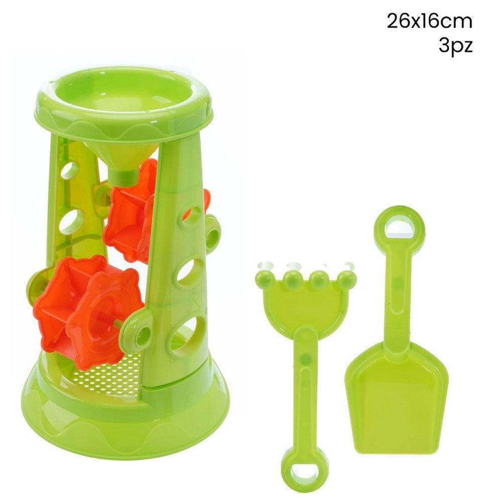 Trade Shop - Set 3pz Gioco Spiaggia Mare Con Mulino A Clessidra Paletta Rastrello 26x16cm 258257 -