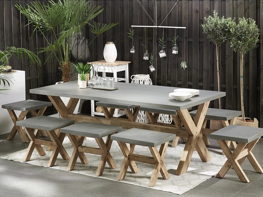 Set da pranzo per esterni grigio chiaro in fibra di legno cemento per 8 persone tavolo e sgabelli dal design moderno