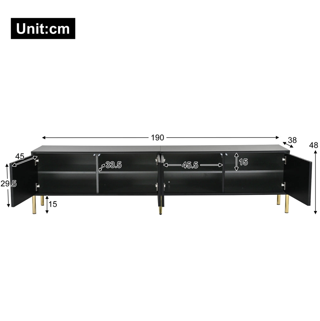 Mobile TV ULEVR 190x38x48 cm con 4 ante, 8 ripiani e gambe dorate, nero