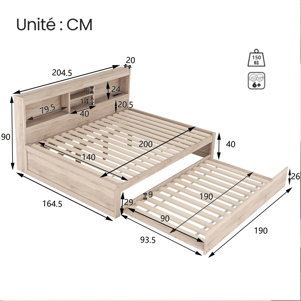OKWISH Letto a Scomparsa 140×200 cm, Letto Matrimoniale con LED, Letto Estraibile, Vano laterale e USB, senza Materasso, Naturale