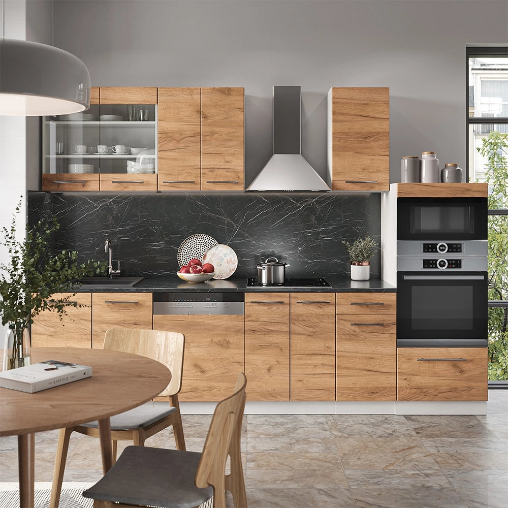 Cucina componibile Fame-Line Rovere dorato/Bianco 300 cm con armadio alto, PL Antracite Vicco