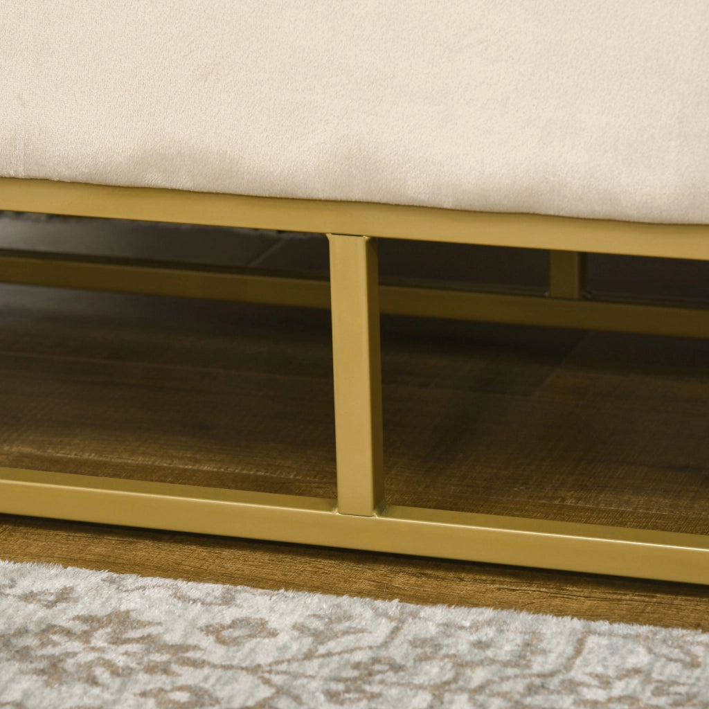 Banca contenitore con seduta capitonné in poliestere effetto flanella e gambe in acciaio oro beige 110 × 44 × 49 cm
