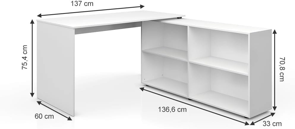 Scrivania angolare FlexPlus, Bianco, 137 x 60 cm, con scaffale aperto e possibilità di posizionamento variabile