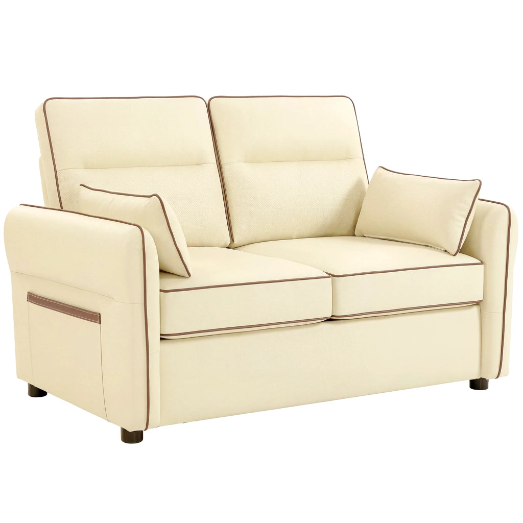 Divano 2 Posti in Finta Pelle con Imbottitura Spessa, Tasca Laterale e 2 Cuscini, 136x81x90 cm, Beige