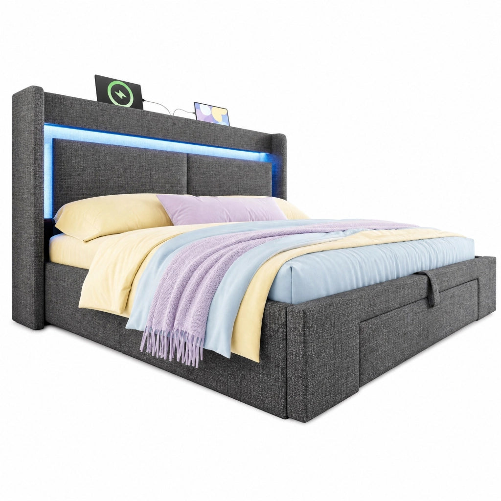 Letto imbottito 140x200 cm con contenitore idraulico; LED; USB e USB-C; lino grigio