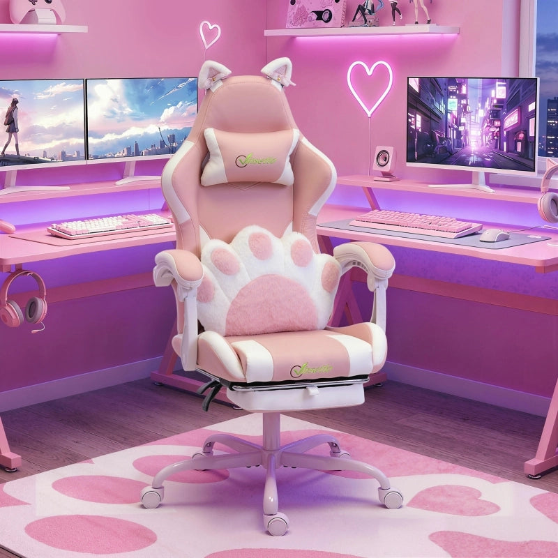 Sedia da gaming con poggiapiedi, schienale reclinabile e cuscino lombare in similpelle rosa 79.0 × 57.0 × 29.0 cm