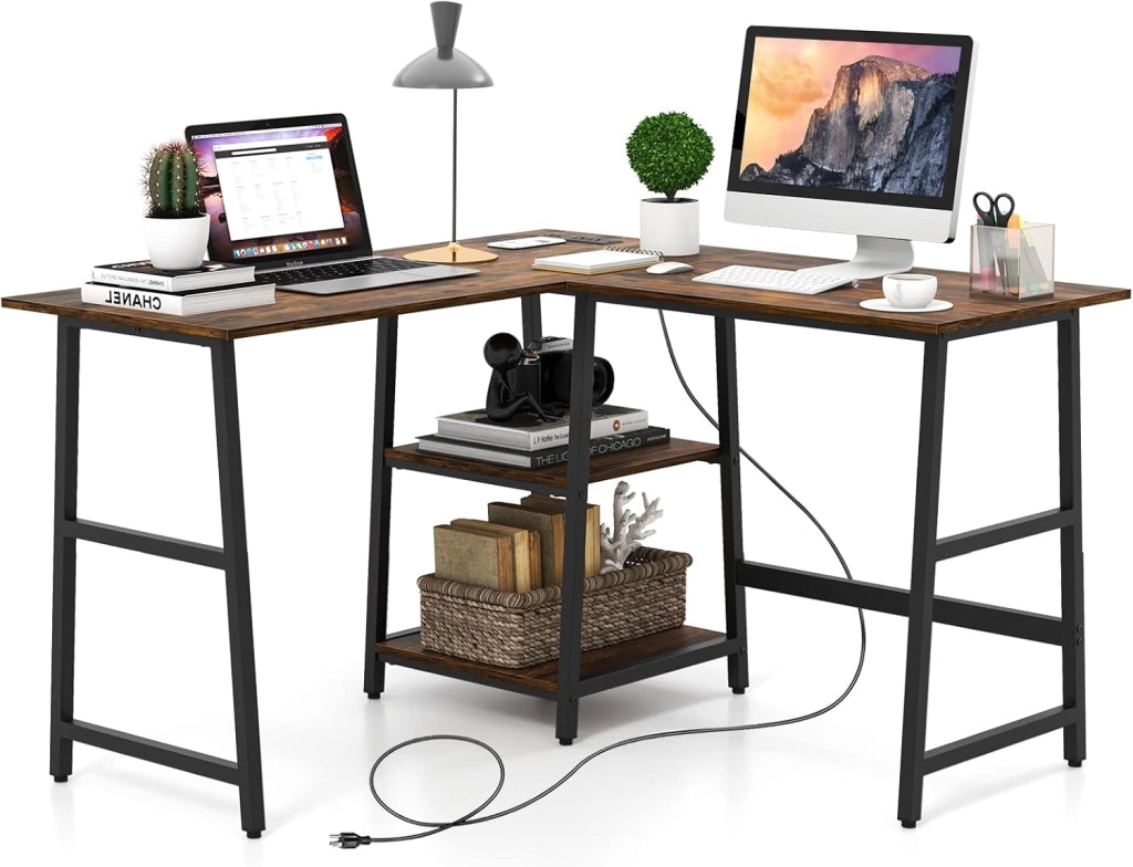 Scrivania per computer a forma di L da 120 cm, con stazione di ricarica, tavolo ad angolo con 2 ripiani aperti, scrivania per studio, ufficio (nero)