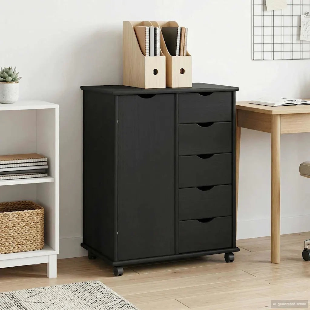 Mobile con Ruote Nero 63,5 x 39 x 79 cm Legno di Pino Massello