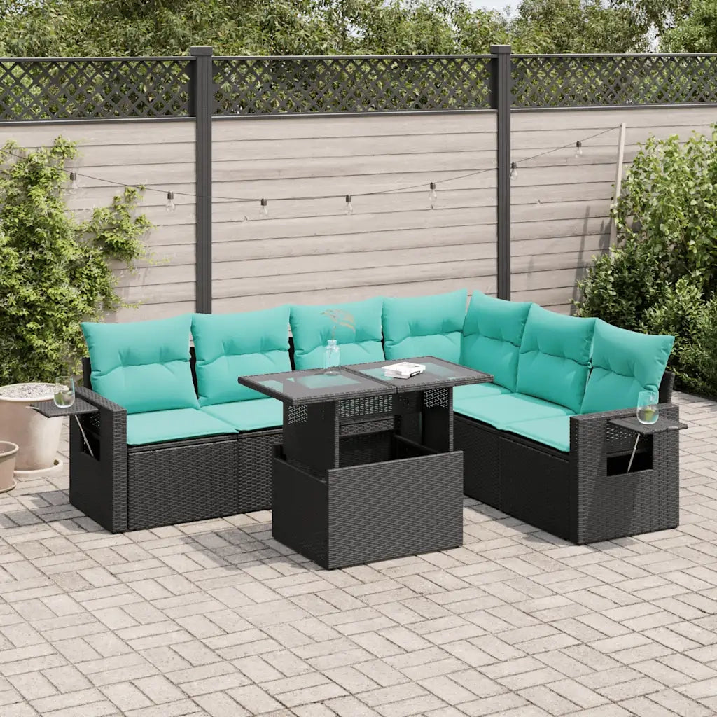 Set Divani Giardino 7 pz con Cuscini Nero Polyrattan Acacia