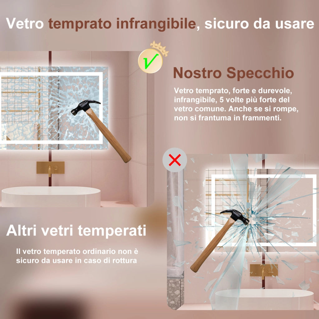 AICA Specchio da bagno  80 x 120 cm, dimmerabile, interruttore touch, Funzione Memoria, antiappannamento, 3 colori