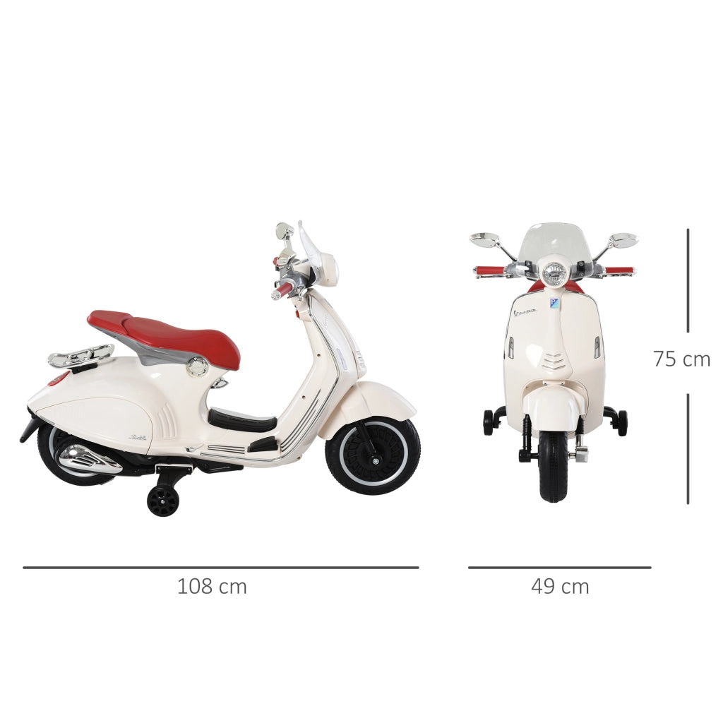 EasyComfort Moto Elettrica per Bambini con Licenza Ufficiale Vespa, 2 Rotelle, Luci e Suoni, 108x49x75 cm, Bianca