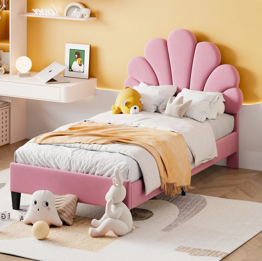 Letto imbottito 90x200 cm rosa con testiera a fiore e rete