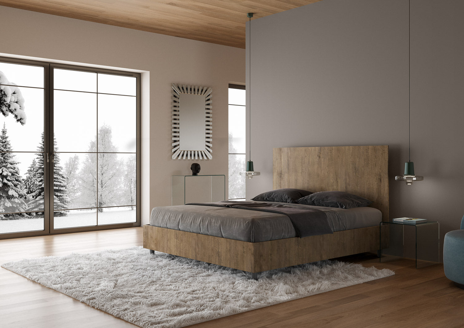 Letto Matrimoniale 160x200 cm con Rete e Contenitore Testata Dritta New Egos Noce