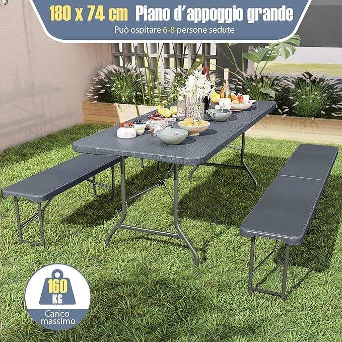 Tavolo Pieghevole Giardino da 180 cm, Tavolo Picnic in HDPE, con Meccanismo di Blocco Sicuro, Tavolo Esterno per per Festa, Picnic, Campeggio, Portata 160 kg