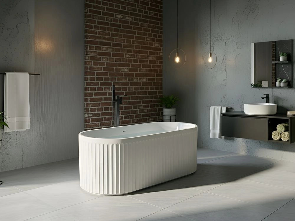Vasca da bagno ovale moderna indipendente 170 x 80 cm Acrilico Finitura scanalata Bagno Bianco opaco